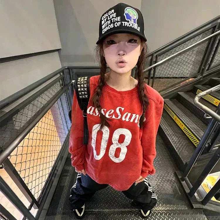 [BUNJANG] Red Y2K Long Sleeve T-shirt / 레드 맨투맨 키치룩 다홍색 긴팔티셔츠 y2k 레드티셔츠 핀터깔 데일리룩