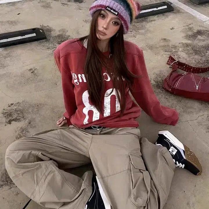 [BUNJANG] Red Y2K Long Sleeve T-shirt / 레드 맨투맨 키치룩 다홍색 긴팔티셔츠 y2k 레드티셔츠 핀터깔 데일리룩