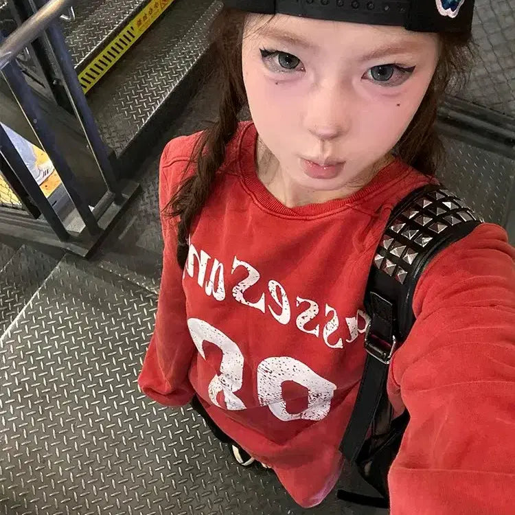 [BUNJANG] Red Y2K Long Sleeve T-shirt / 레드 맨투맨 키치룩 다홍색 긴팔티셔츠 y2k 레드티셔츠 핀터깔 데일리룩