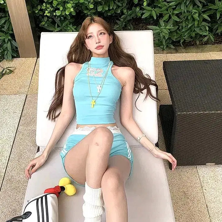 [BUNJANG] Mint Crop Top &amp; Hot Pants Training Set / 민트색 츄리닝세트 크롭투피스 민트 크롭나시 핫팬츠 트레이닝세트 y2k