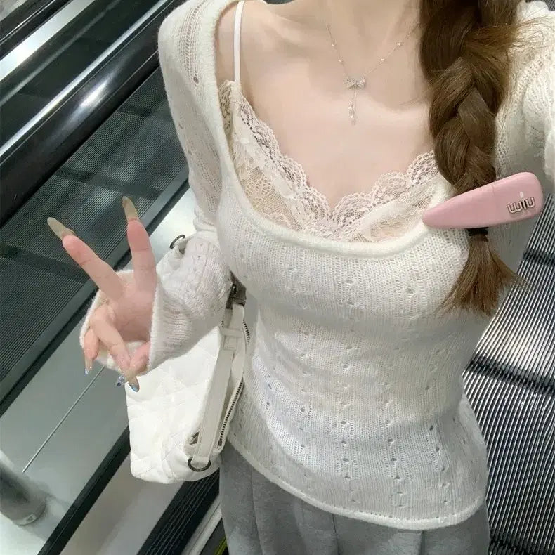 [BUNJANG] N/A Thin Knit Top / 에겐녀 소프트 얇은니트티 시스루 화이트크림 긴팔티셔츠 U넥 일녀 핀터깔