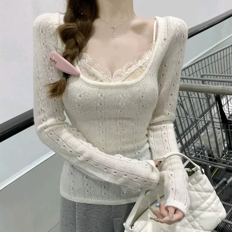 [BUNJANG] N/A Thin Knit Top / 에겐녀 소프트 얇은니트티 시스루 화이트크림 긴팔티셔츠 U넥 일녀 핀터깔