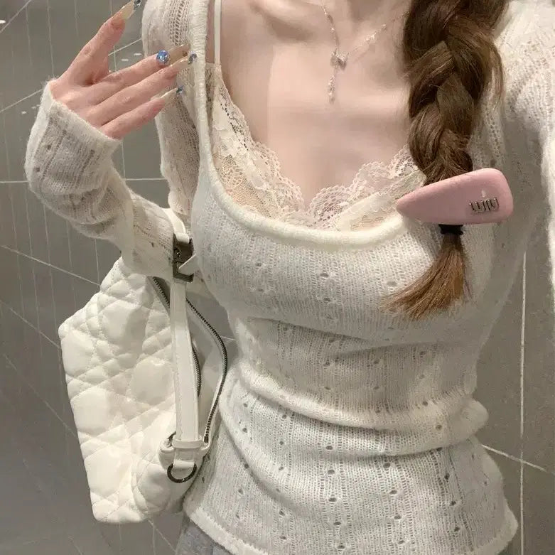 [BUNJANG] N/A Thin Knit Top / 에겐녀 소프트 얇은니트티 시스루 화이트크림 긴팔티셔츠 U넥 일녀 핀터깔