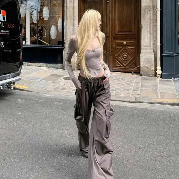 [BUNJANG] Crop Top V-neck Lace Top / 레이스 긴팔 크롭티 V넥 에겐녀 말라핏 시스루티셔츠 시스루티 데이트룩