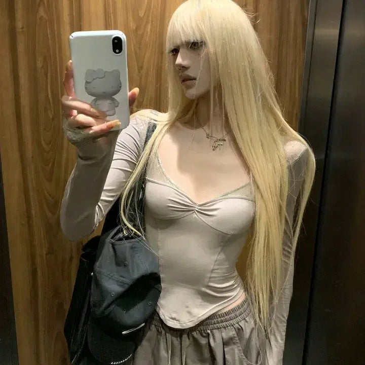 [BUNJANG] Crop Top V-neck Lace Top / 레이스 긴팔 크롭티 V넥 에겐녀 말라핏 시스루티셔츠 시스루티 데이트룩