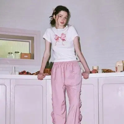 [BUNJANG] RownRown Jennie & Suzy Ribbon Short Sleeve T-Shirt / 론론 리본 반팔 티셔츠 제니 수지 착용