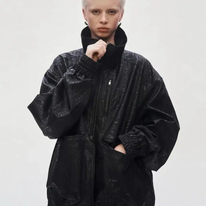 [BUNJANG] TRIMMINGBIRD High Neck Cracked Leather Blouson - Black / 트리밍버드) 하이넥 크랙 레더 블루종-블랙