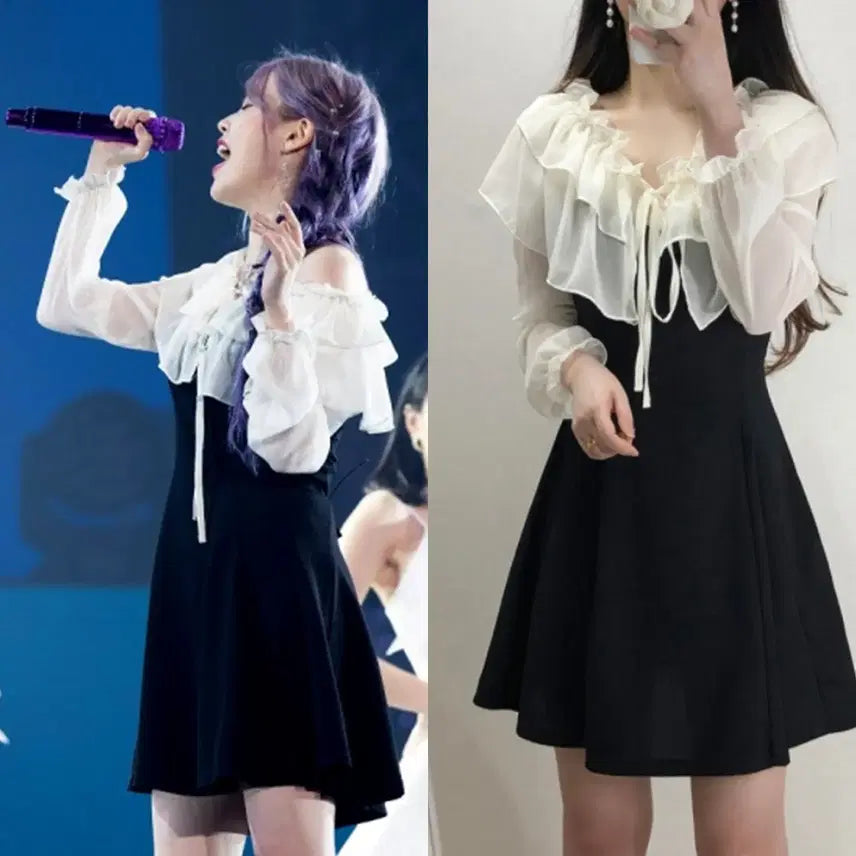[BUNJANG] IU White Frill Neck Mini Dress / 아이유원피스 화이트프릴넥 미니 55 66 블랙