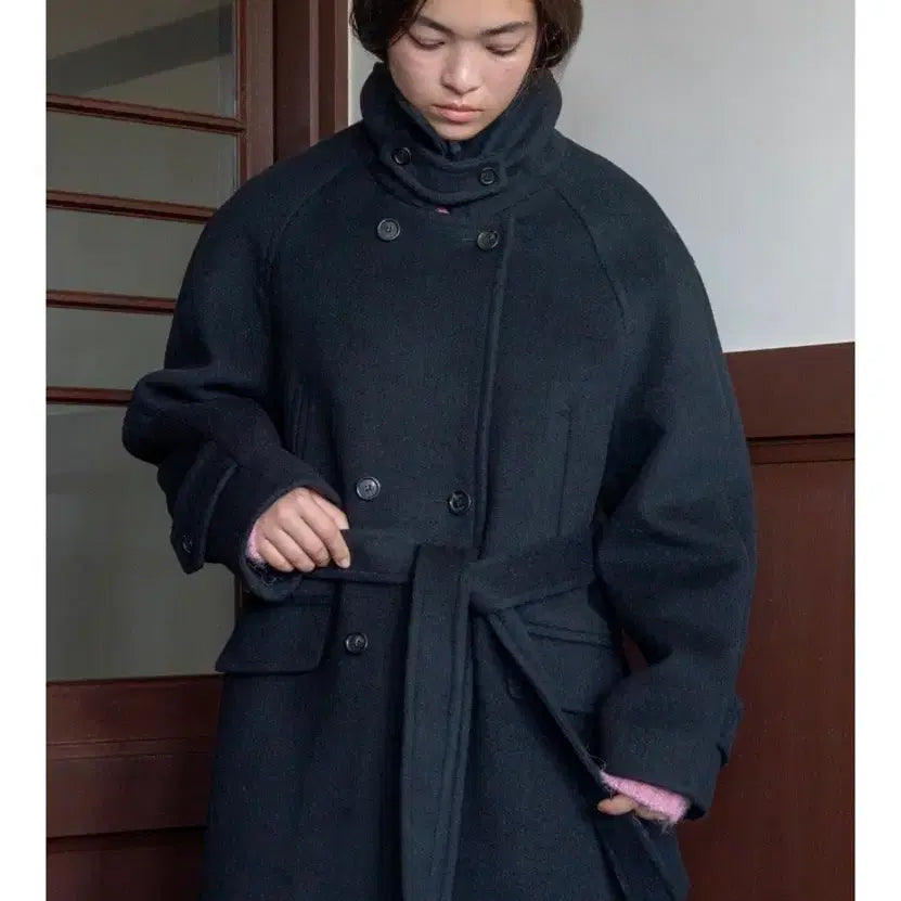 [BUNJANG] TTUDEMENT Belted High Neck Wool Coat (Black, M) / 튜드먼트(TTUDEMENT) 벨티드 하이넥 울 코트 블랙M