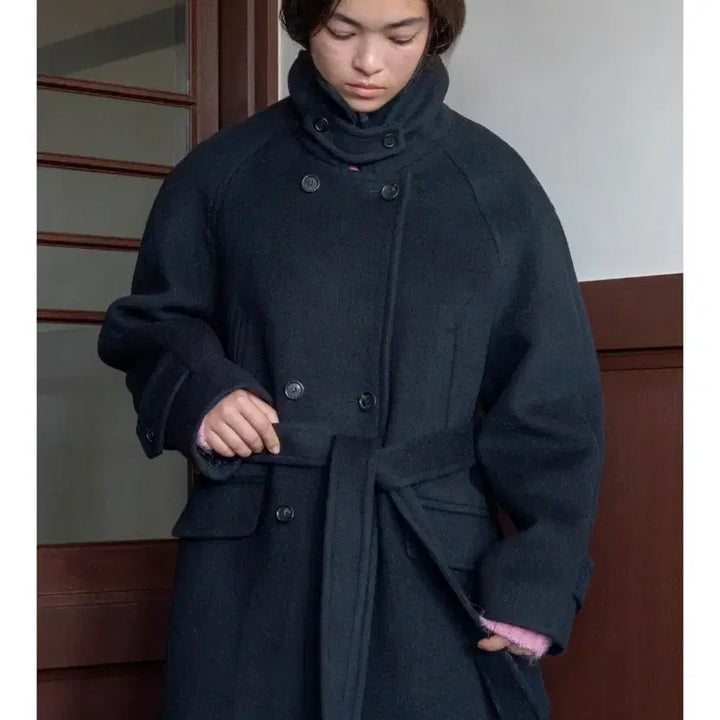 [BUNJANG] TTUDEMENT Belted High Neck Wool Coat (Black, M) / 튜드먼트(TTUDEMENT) 벨티드 하이넥 울 코트 블랙M