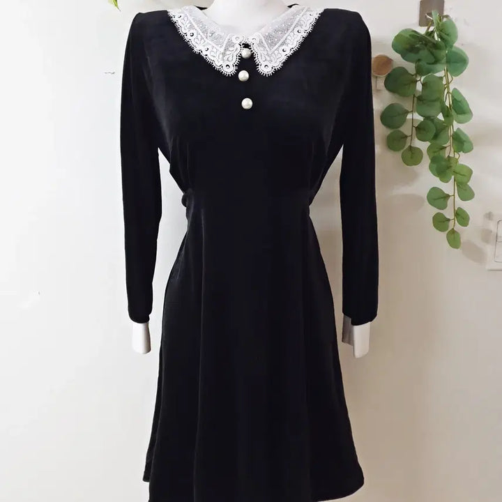 [BUNJANG] Velvet Lace Collar Midi Dress / 폴밍 레이스카라 벨벳원피스 55 66 미디 블랙