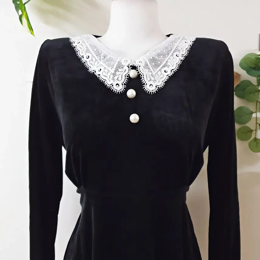 [BUNJANG] Velvet Lace Collar Midi Dress / 폴밍 레이스카라 벨벳원피스 55 66 미디 블랙