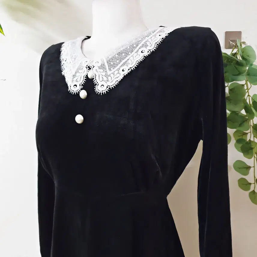 [BUNJANG] Velvet Lace Collar Midi Dress / 폴밍 레이스카라 벨벳원피스 55 66 미디 블랙