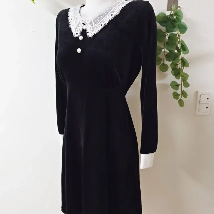 [BUNJANG] Velvet Lace Collar Midi Dress / 폴밍 레이스카라 벨벳원피스 55 66 미디 블랙