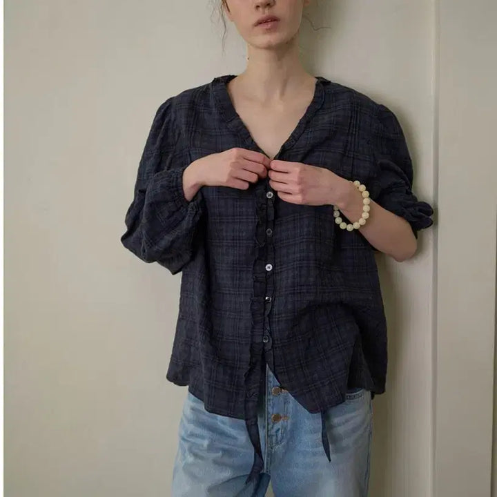 [BUNJANG] Without Summer Check Shirring Blouse / 위드아웃썸머 체크 셔링 블라우스