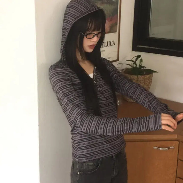 [BUNJANG] Wonderwall Harit Stripe Button Hoodie / 원더원더 하릿 스트라이프 버튼 후드 티셔츠