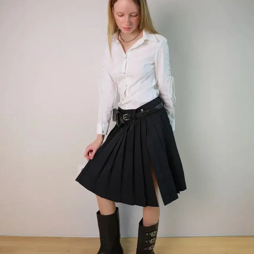 [BUNJANG] Loose Slipover Pleats Midi Button Layered Skirt (Size S) / 루즈슬립오버 플리츠 미디 버튼 레이어드 스커트 s