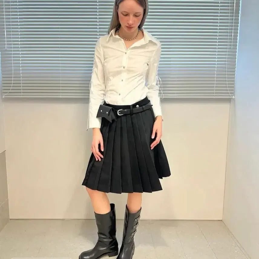 [BUNJANG] Loose Slipover Pleats Midi Button Layered Skirt (Size S) / 루즈슬립오버 플리츠 미디 버튼 레이어드 스커트 s