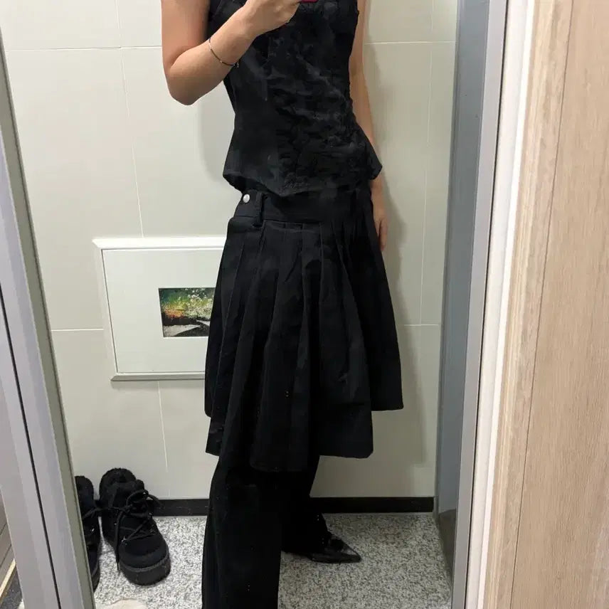 [BUNJANG] Loose Slipover Pleats Midi Button Layered Skirt (Size S) / 루즈슬립오버 플리츠 미디 버튼 레이어드 스커트 s