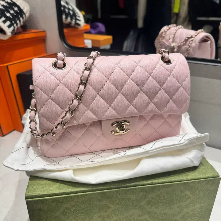 [BUNJANG] Chanel Classic Small Caviar Pink Bag / 샤넬 클래식 스몰 캐비어 연 핑크 딸기우유