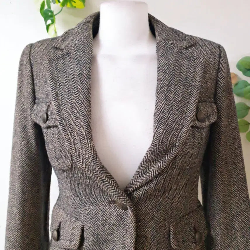 [BUNJANG] Blue Pepe Herringbone Crop Wool Jacket (Size: 55/Slim 66), Brown / 블루페페 헤링본 크롭 울자켓 55 날씬66 브라운