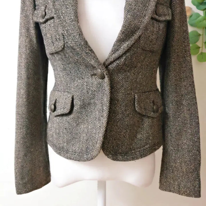 [BUNJANG] Blue Pepe Herringbone Crop Wool Jacket (Size: 55/Slim 66), Brown / 블루페페 헤링본 크롭 울자켓 55 날씬66 브라운