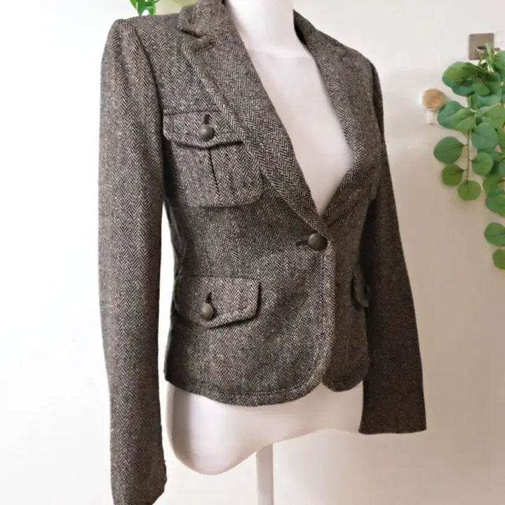 [BUNJANG] Blue Pepe Herringbone Crop Wool Jacket (Size: 55/Slim 66), Brown / 블루페페 헤링본 크롭 울자켓 55 날씬66 브라운