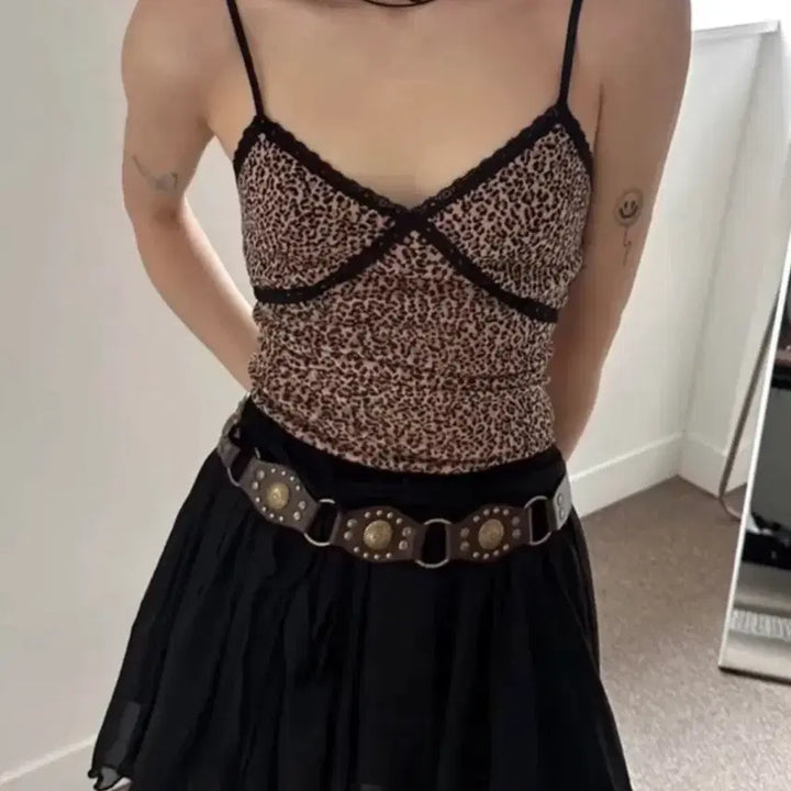 [BUNJANG] Leopard Lace Sleeveless Top / 레오파드 호피 갸루 레이스 슬리브리스 탑