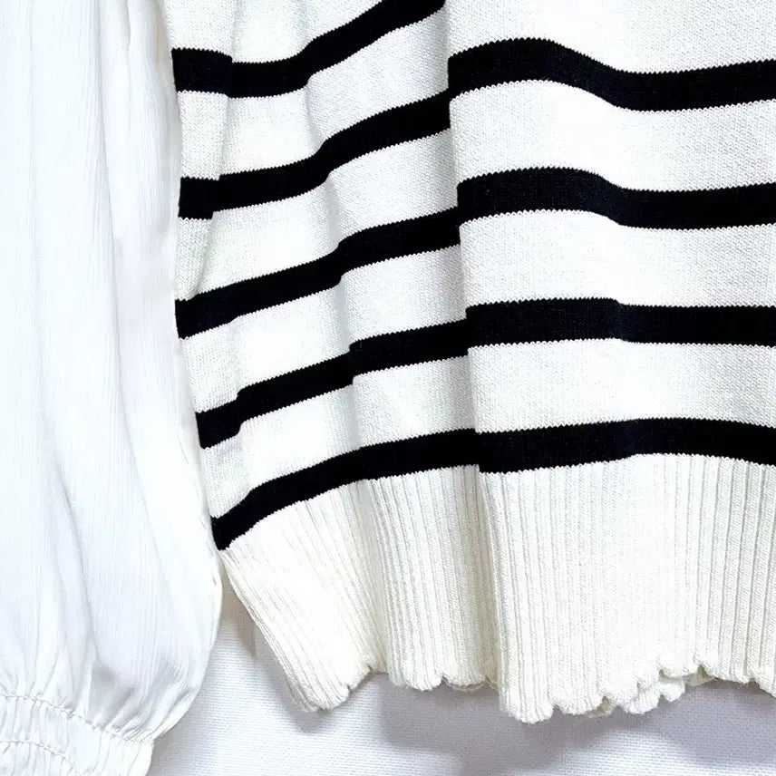 [BUNJANG] Vintage Ivory Stripe Knit Blouse with Chiffon Sleeve / 빈티지 아이보리 스트라이프 니트 블라우스