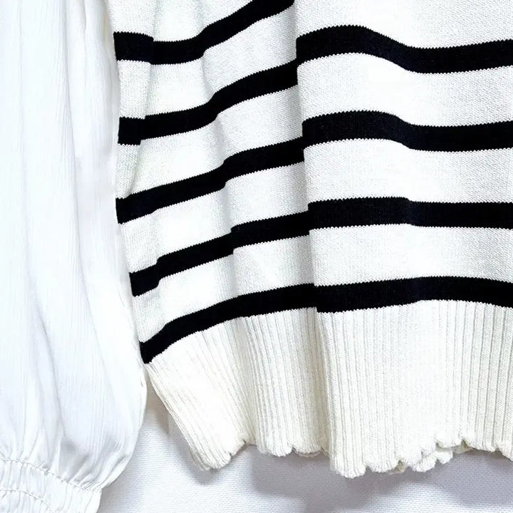 [BUNJANG] Vintage Ivory Stripe Knit Blouse with Chiffon Sleeve / 빈티지 아이보리 스트라이프 니트 블라우스