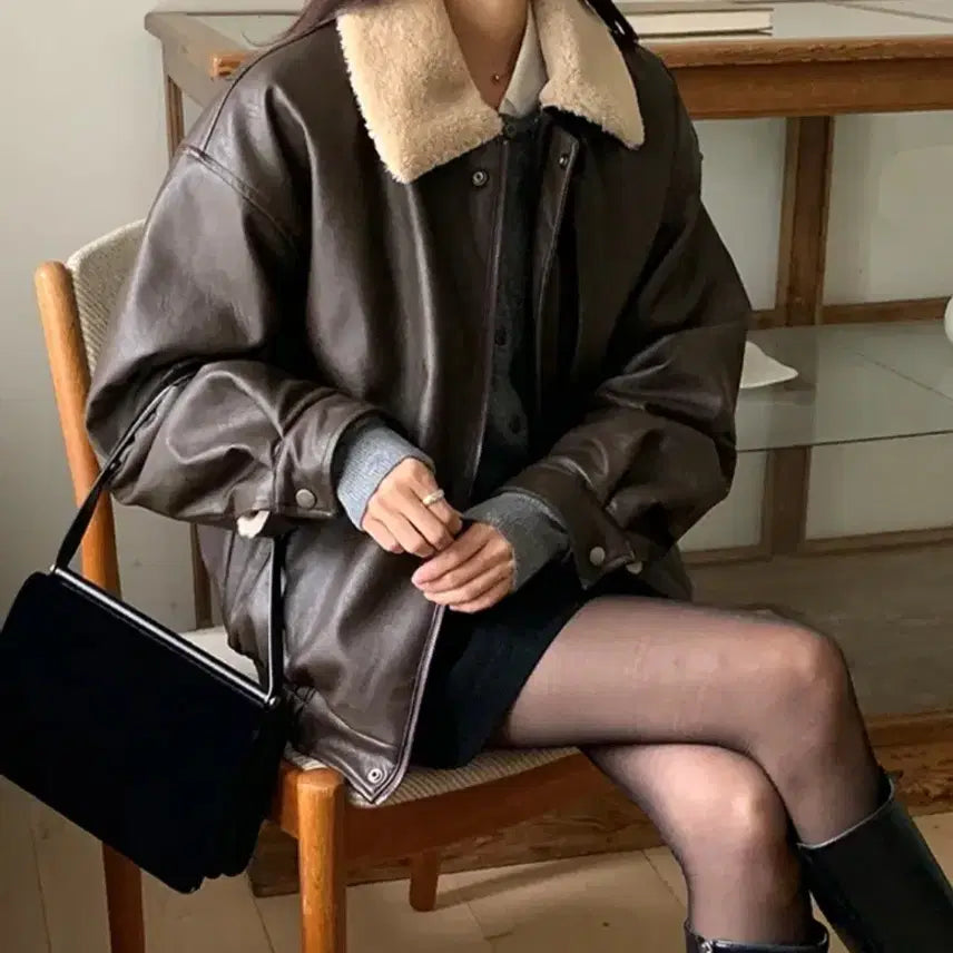 [BUNJANG] Oversized Faux Leather Mustang Jacket / 오버핏 무스탕 레더자켓