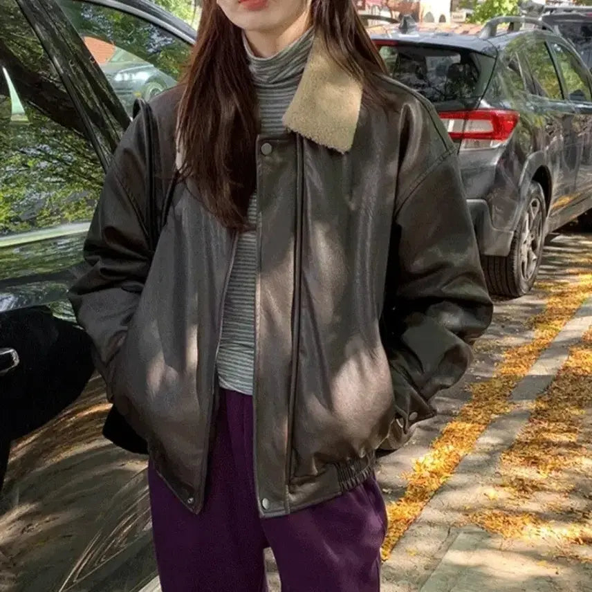 [BUNJANG] Oversized Faux Leather Mustang Jacket / 오버핏 무스탕 레더자켓
