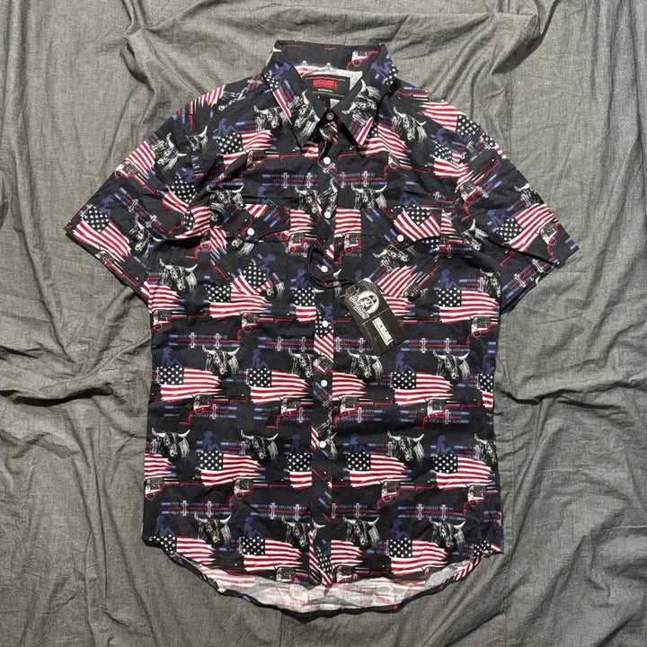[BUNJANG] Rock &amp; Roll Denim Americana Print Short Sleeve Snap Shirt - Size L / Rock &amp; Roll Denim S/S Snap Shirt Sz L
