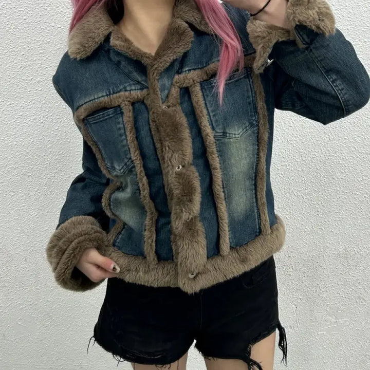 [BUNJANG] Vintage Brown Fur Denim Jacket L / 빈티지 브라운 퍼 데님 자켓 L