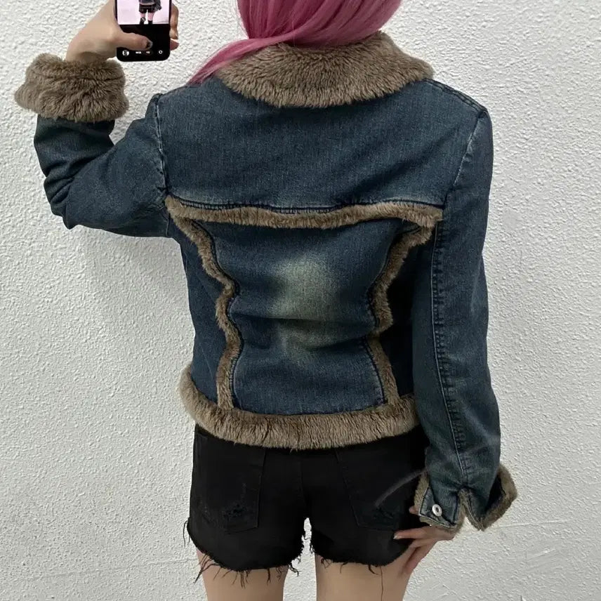 [BUNJANG] Vintage Brown Fur Denim Jacket L / 빈티지 브라운 퍼 데님 자켓 L