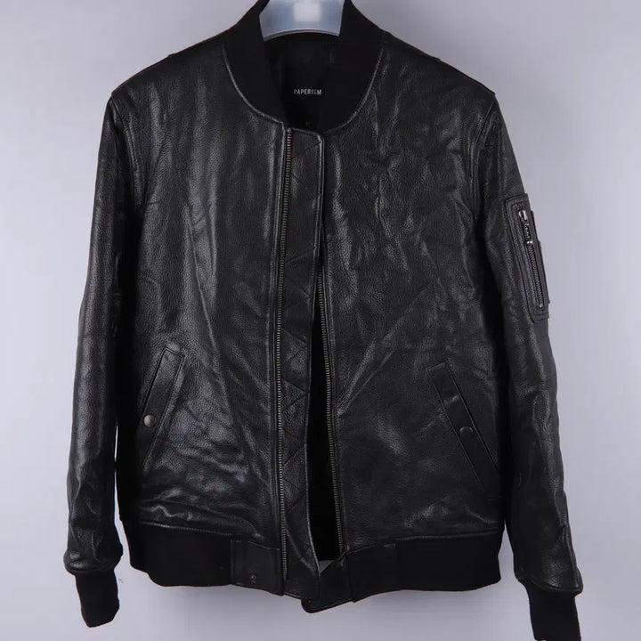 [BUNJANG] Paperism Real Leather Bomber Jacket Black (M) / 페이퍼리즘 리얼 레더 바머 재킷 블랙 (M)