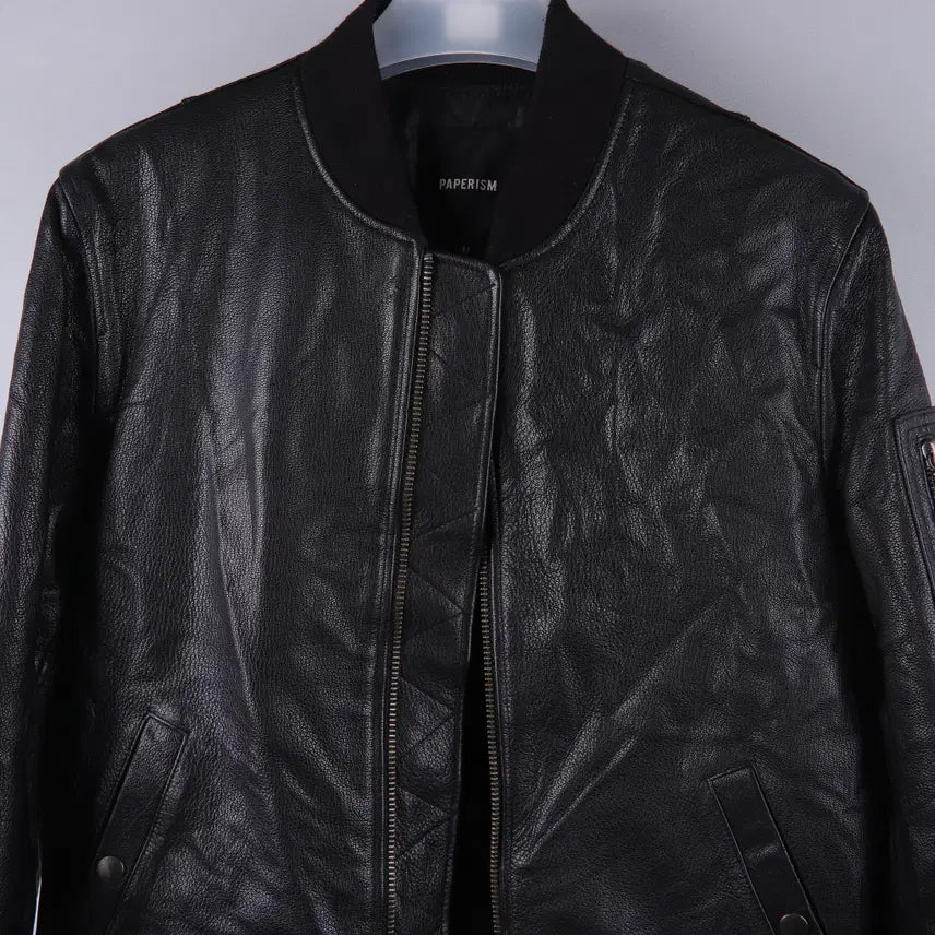 [BUNJANG] Paperism Real Leather Bomber Jacket Black (M) / 페이퍼리즘 리얼 레더 바머 재킷 블랙 (M)
