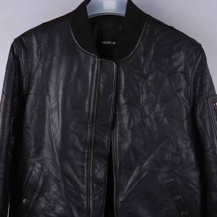 [BUNJANG] Paperism Real Leather Bomber Jacket Black (M) / 페이퍼리즘 리얼 레더 바머 재킷 블랙 (M)