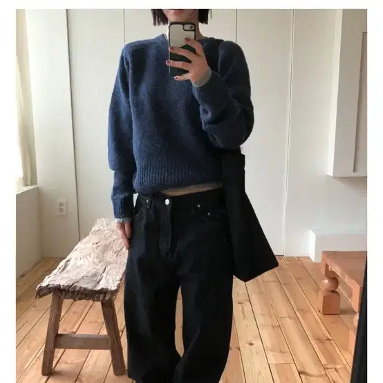 [BUNJANG] ZIGZAG Slou Nardy Flare Denim Pants Black / 지그재그 슬로 너디 플레어 데님팬츠 흑청