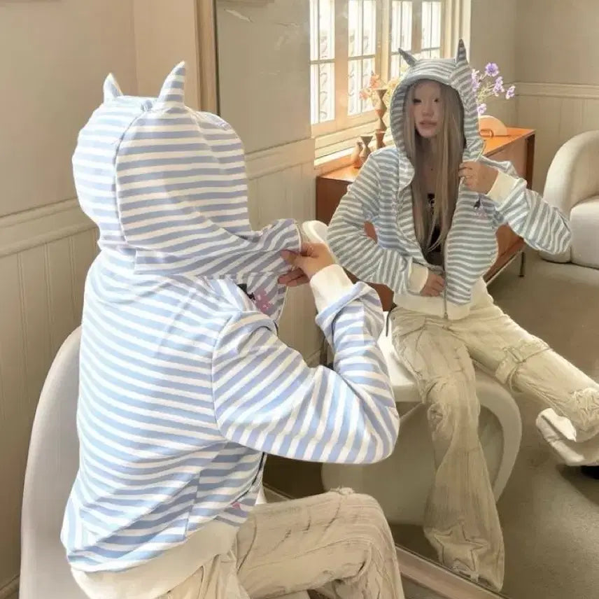 [BUNJANG] Subculture Cat Ear Striped Zip-up Hoodie / 서브컬처 고양이 귀 스트라이프 집업 후드티(2컬러)