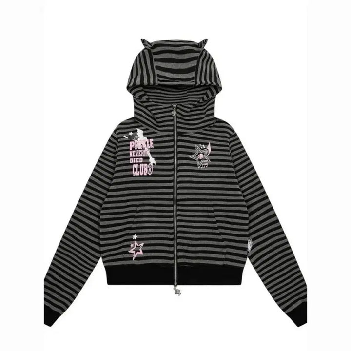 [BUNJANG] Subculture Cat Ear Striped Zip-up Hoodie / 서브컬처 고양이 귀 스트라이프 집업 후드티(2컬러)