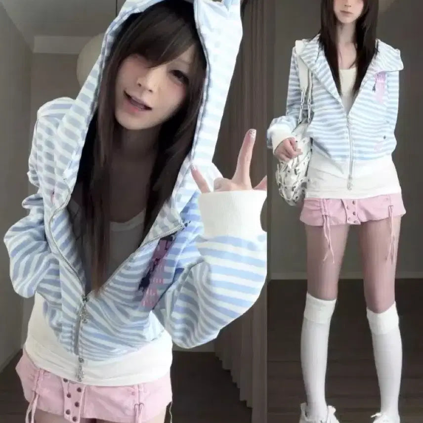 [BUNJANG] Subculture Cat Ear Striped Zip-up Hoodie / 서브컬처 고양이 귀 스트라이프 집업 후드티(2컬러)