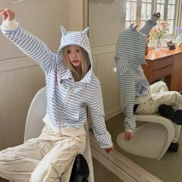 [BUNJANG] Subculture Cat Ear Striped Zip-up Hoodie / 서브컬처 고양이 귀 스트라이프 집업 후드티(2컬러)