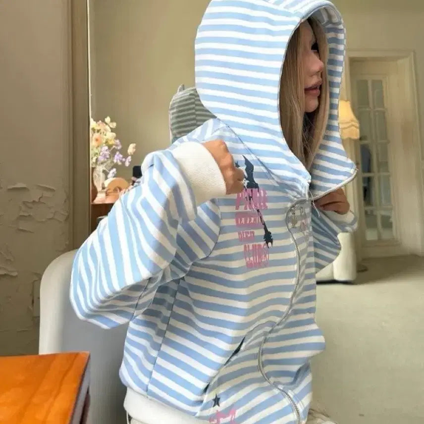 [BUNJANG] Subculture Cat Ear Striped Zip-up Hoodie / 서브컬처 고양이 귀 스트라이프 집업 후드티(2컬러)