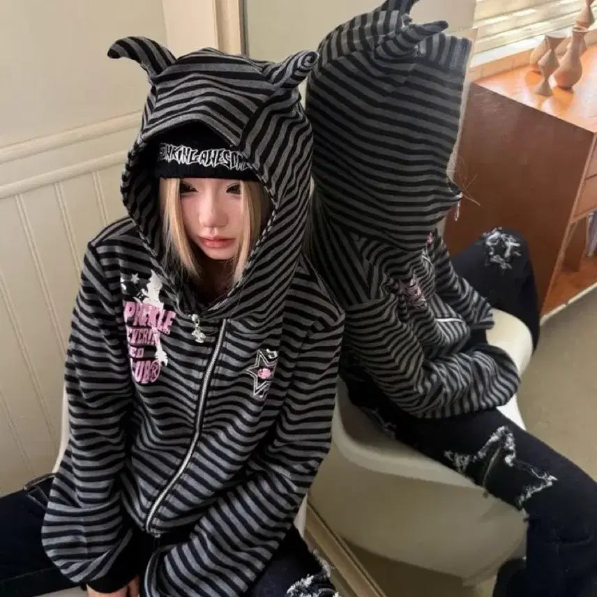 [BUNJANG] Subculture Cat Ear Striped Zip-up Hoodie / 서브컬처 고양이 귀 스트라이프 집업 후드티(2컬러)