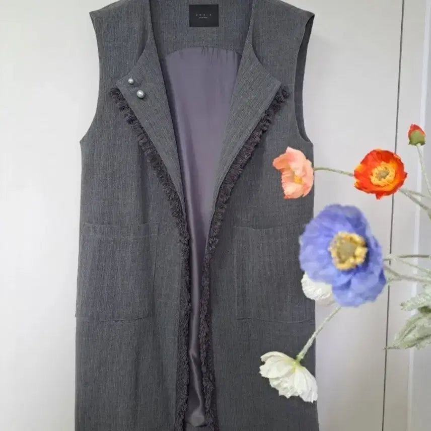 [BUNJANG] Gray Tassel Detail Open Long Vest / 그레이 수슬장식 예쁜 주머니0 안감0 오픈형 롱조끼