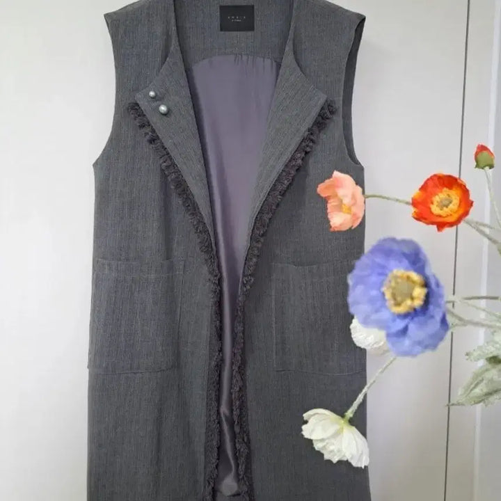 [BUNJANG] Gray Tassel Detail Open Long Vest / 그레이 수슬장식 예쁜 주머니0 안감0 오픈형 롱조끼
