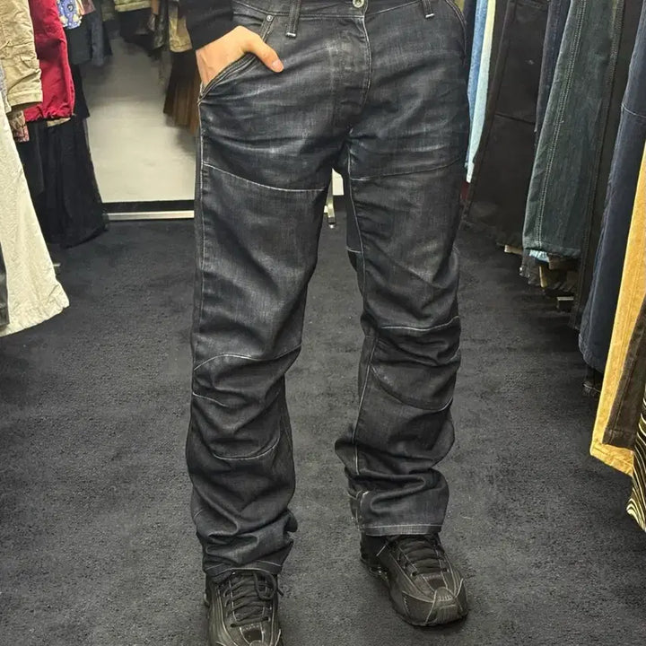[BUNJANG] G-Star RAW Indigo Coated Denim Biker Rider Jeans / 지스타 로우 인디고 데님 코팅진 33 워싱 바이커 라이더 고스 펑크 락