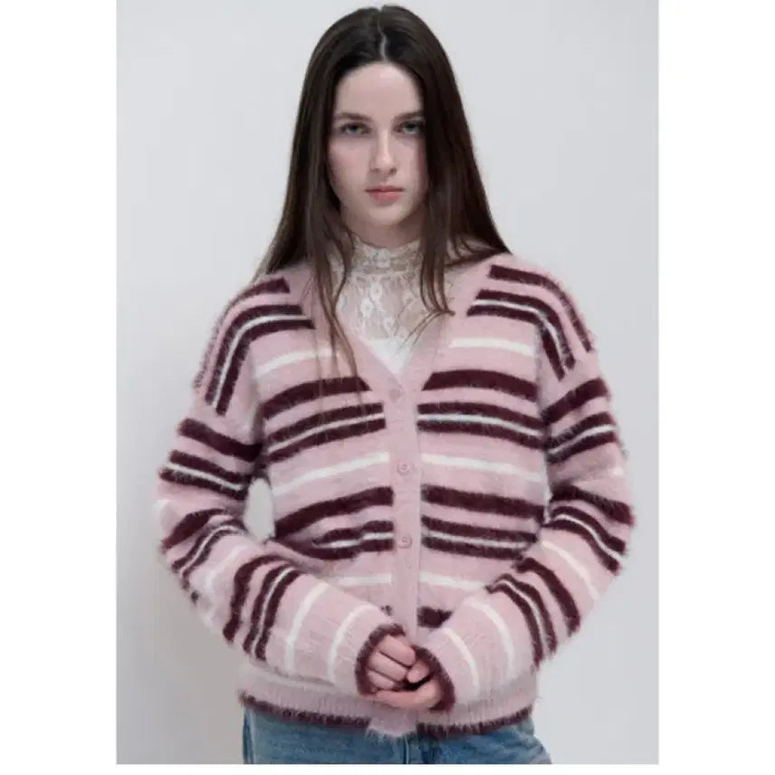 [BUNJANG] Rola Rola Fluffy Stripe Cardigan / 로라로라 플러피 스트라이프 가디건