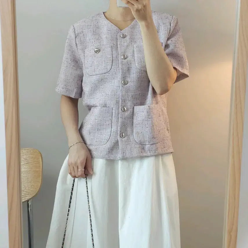 [BUNJANG] Attrangs Women's Tweed Jacket - Lavender / (F)아뜨랑스 여성 트위드 자켓 반팔 봄여름 하객룩